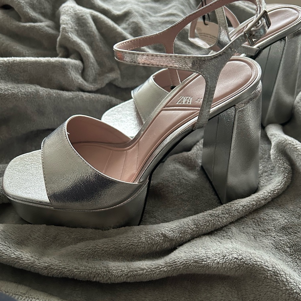 Zara Metallic Platform Silver Heeled Sandals